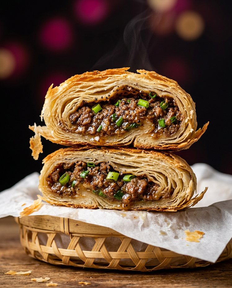 A Juǎn beef roti torn in half showing flaky spiral layers around juicy spiced minced beef