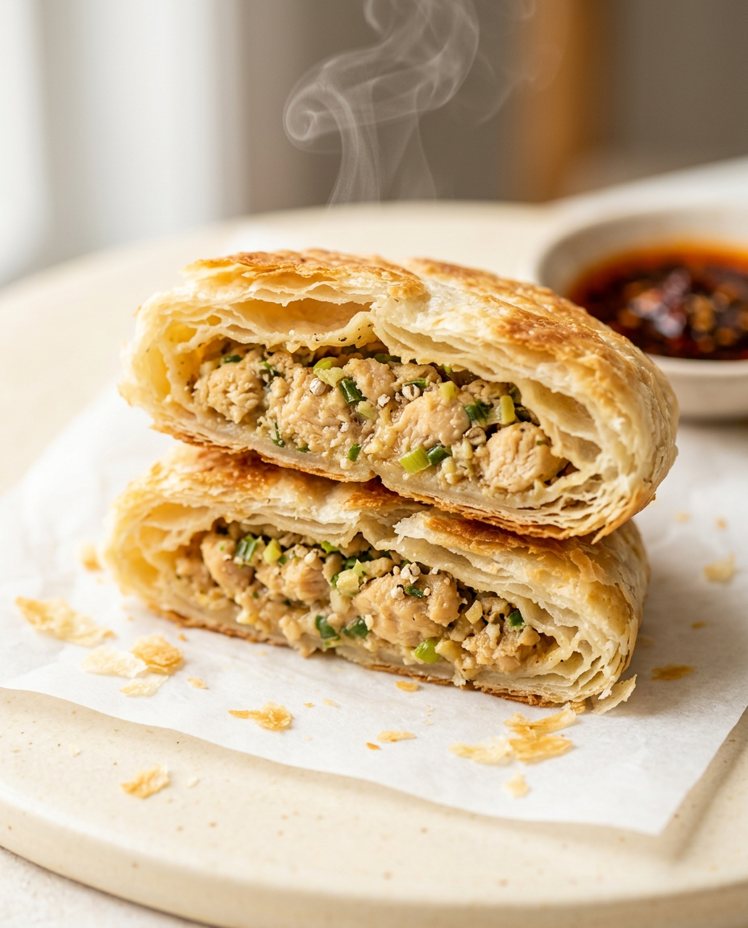 A Juǎn chicken roti torn in half showing seasoned minced chicken inside flaky layers