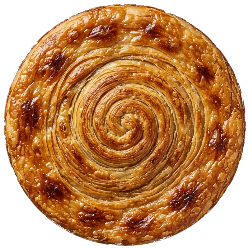 A finished Juǎn roti from above, golden with a spiral of flaky layers