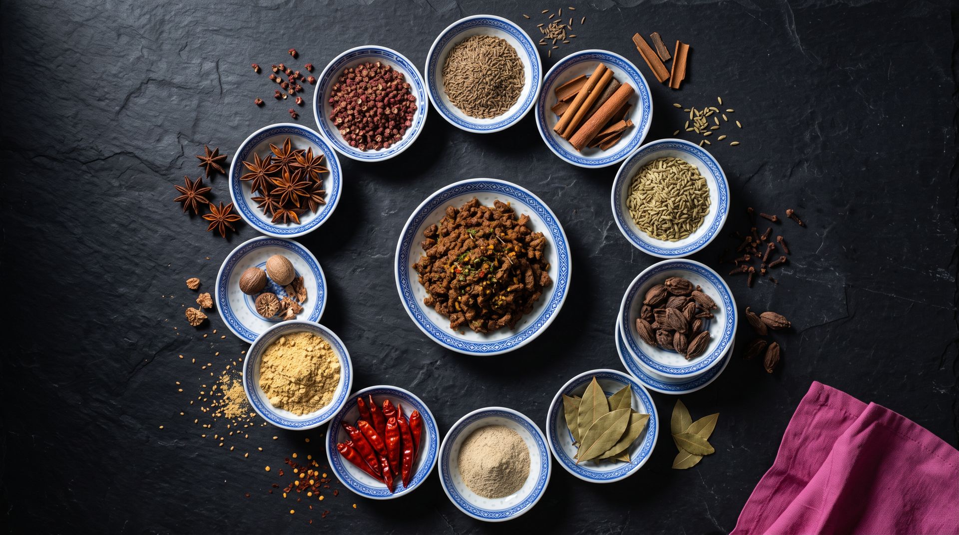A spiral of small blue-and-white porcelain dishes of whole and ground spices around a mound of spiced minced beef
